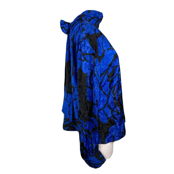 Annie Corvall Shirt Womens Sz 10 Vintage Blue Black Floral High Neck‎ Tie - Picture 2 of 9